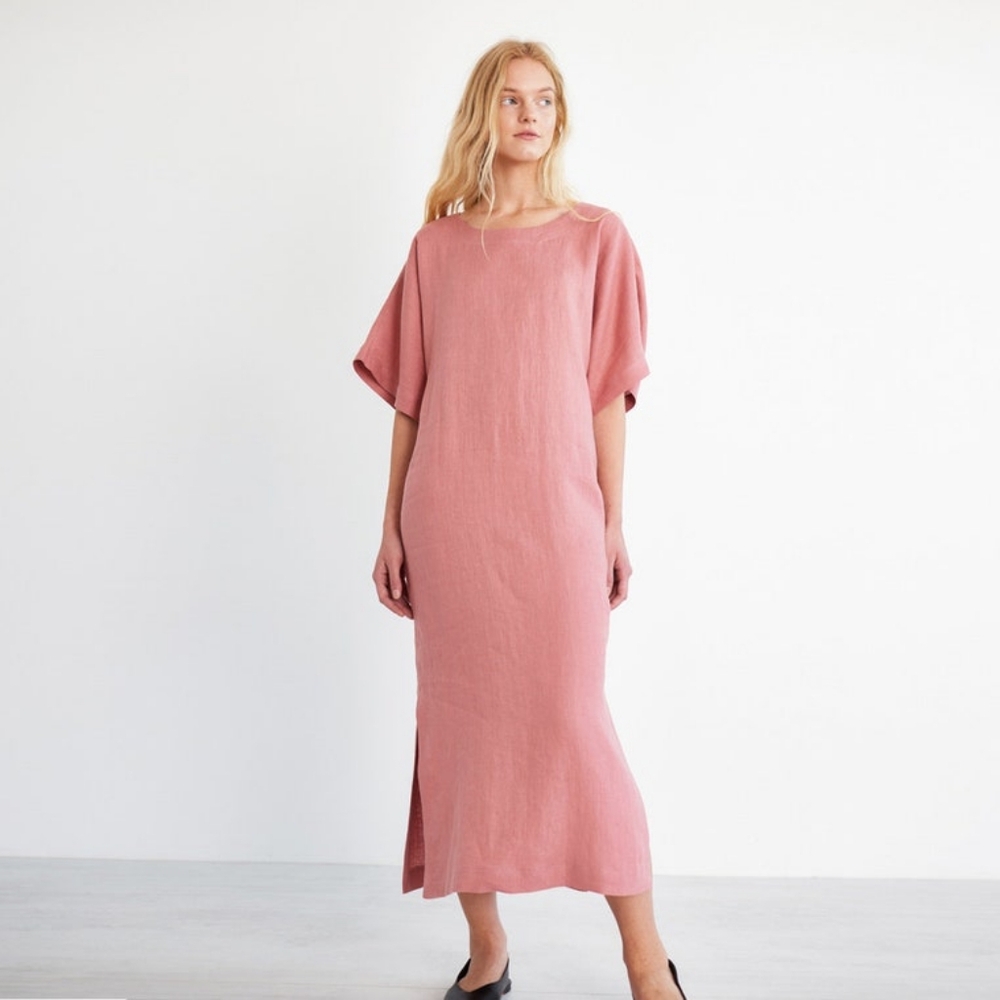 Love and Confuse Maxi Dress Graphite GRAY 100% Linen Lagenlook Size L Boat Neck